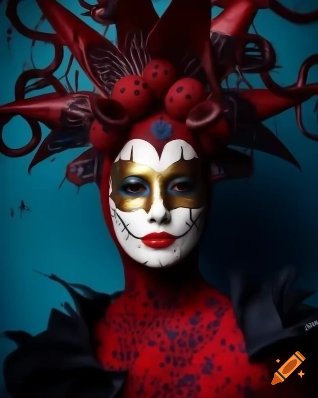 Character with vivid red and dark blue mask and intricate patterns
