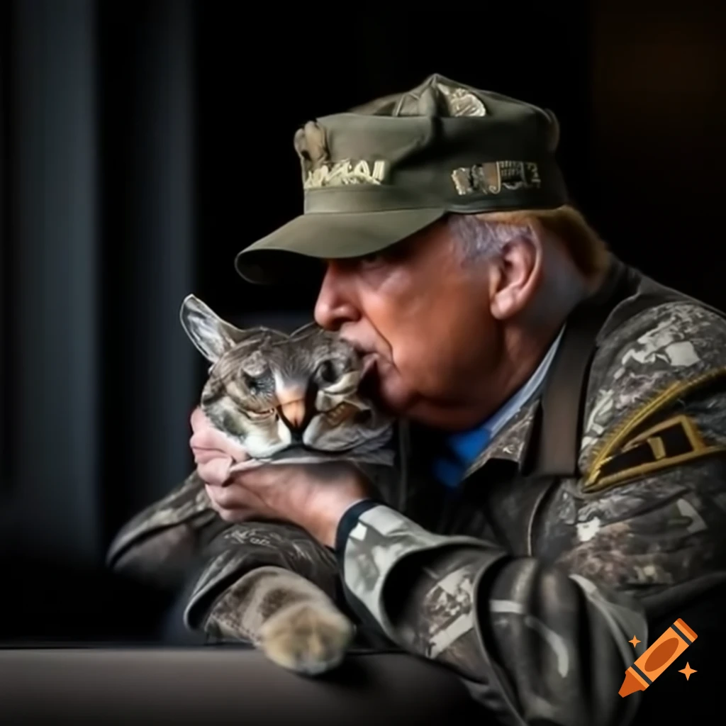 Person in camouflage rescuing a cat in a playful scene