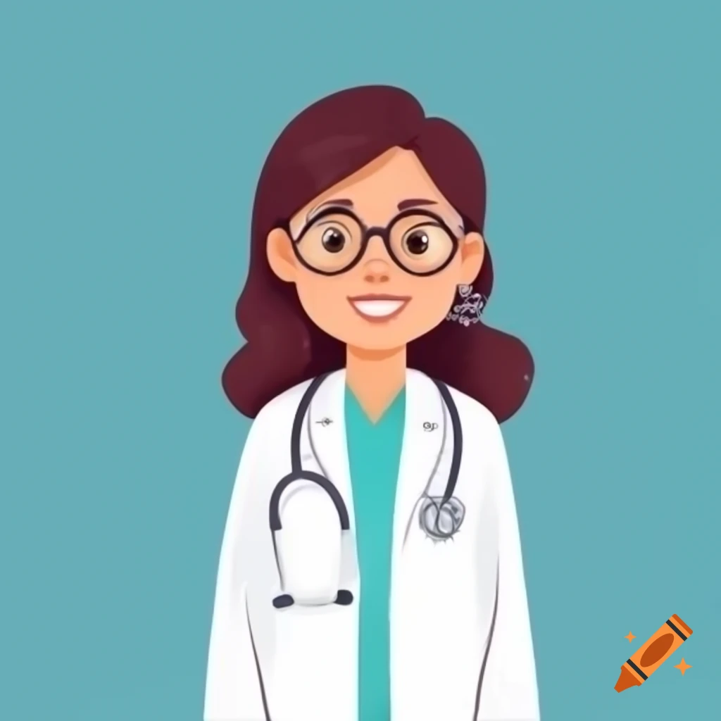Cartoon woman doctor in white coat smiling warmly, playful vector art style