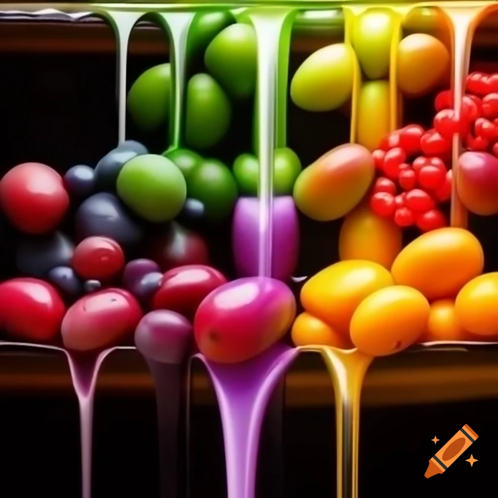 Colorful wallpaper featuring mangoes and exotic berries transformed into syrup