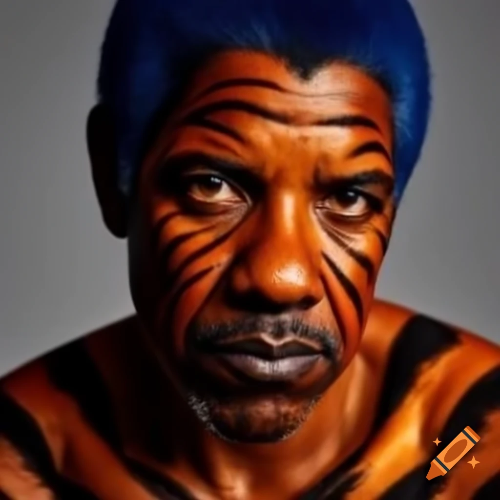 Muscular character with tiger-style makeup, blue hair and orange skin