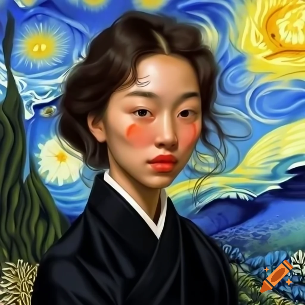 Stunning animated portrait of Korean woman in black, Van Gogh and Rembrandt style
