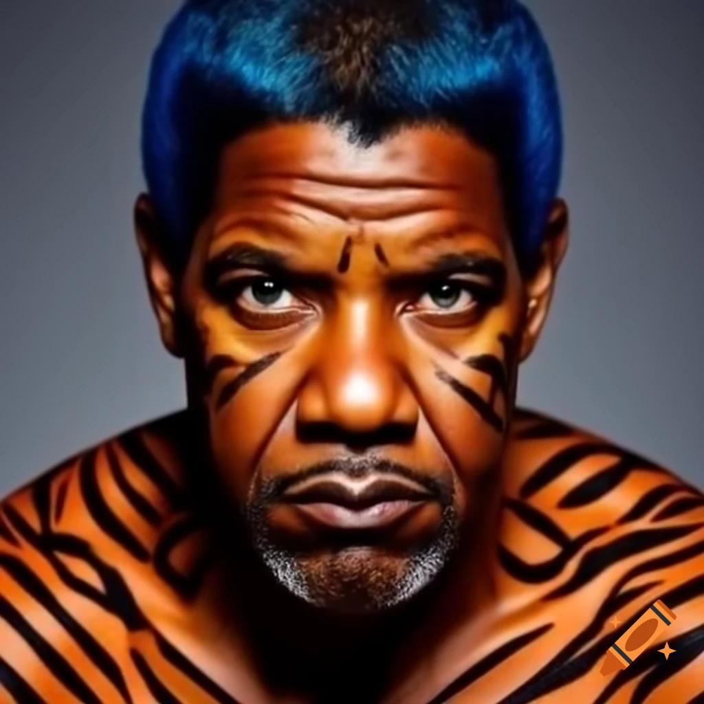 Muscular figure with tiger-style makeup featuring blue hair and orange skin with black stripes