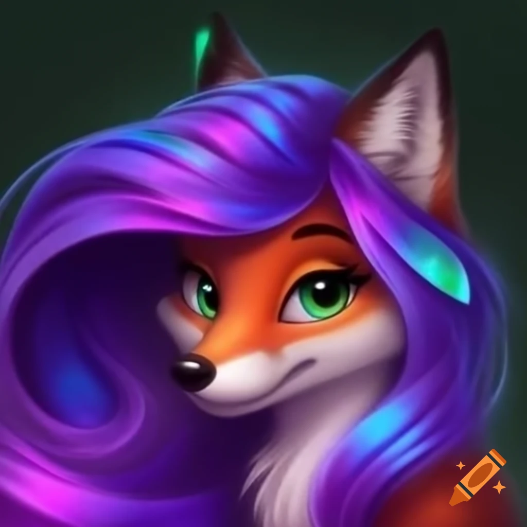 Charming Disney-style fox with iridescent purple and emerald-haired features