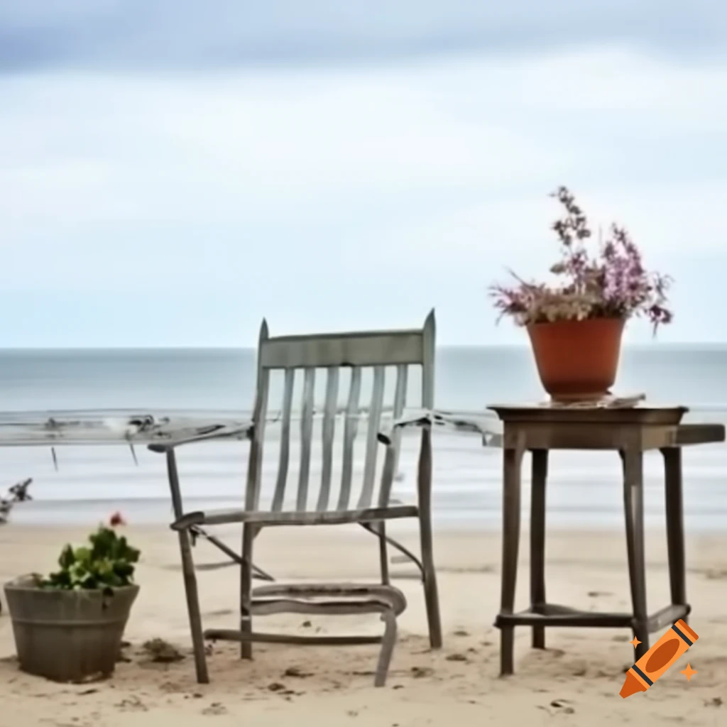 Old garden chair and table with flower pot on beach shore