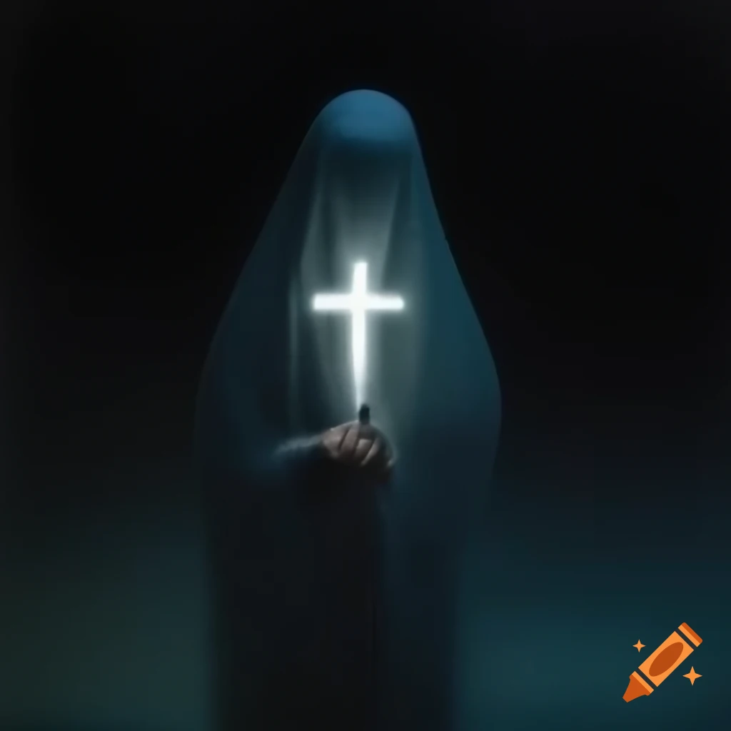 Ghostly figure holding silver crucifix against dark sky