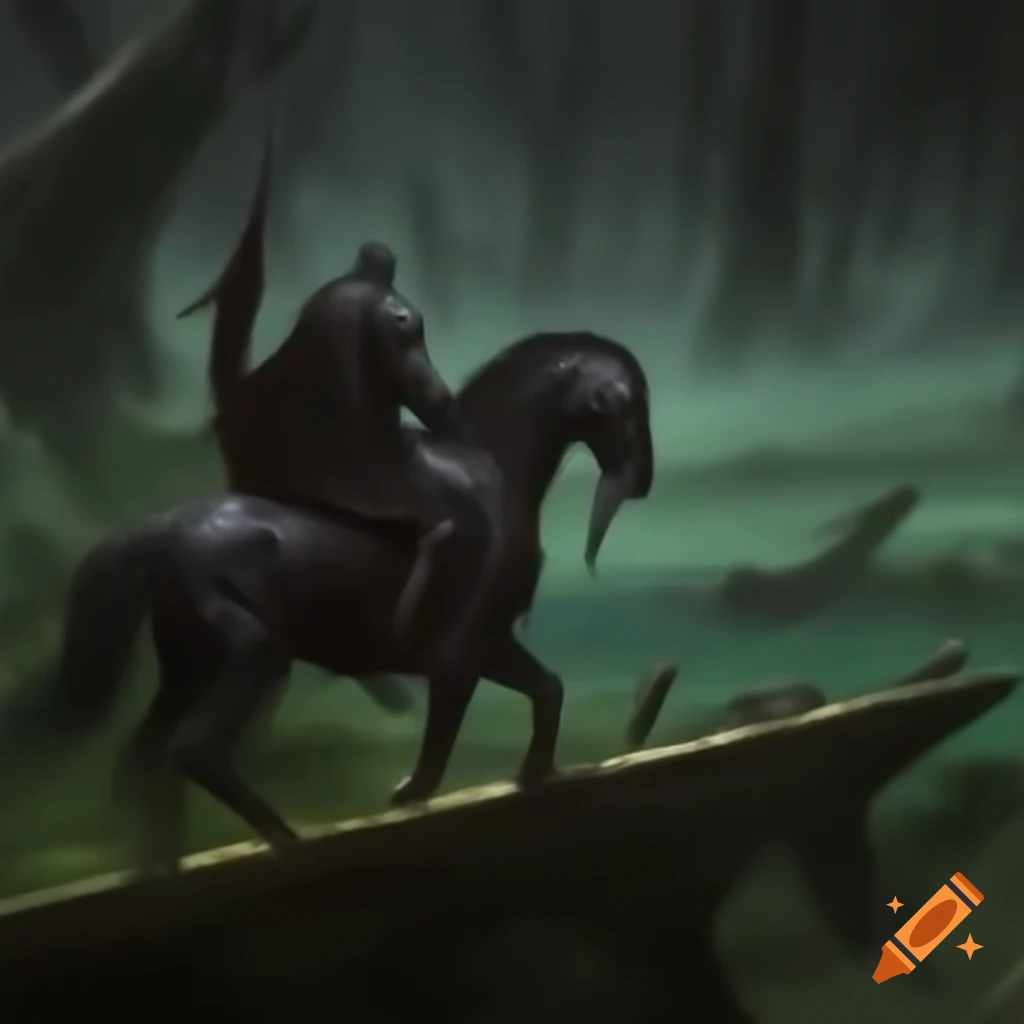 Headless horseman holding head and spear riding over bridge in dark forest