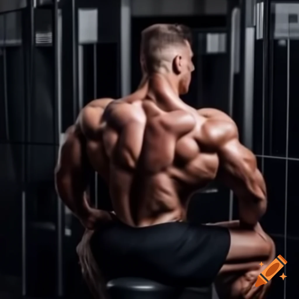 Muscular man sitting on chair during tattoo session, back view