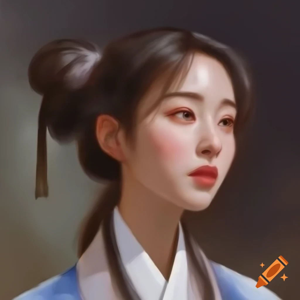 Detailed digital portrait of a charming Korean woman in watercolor style