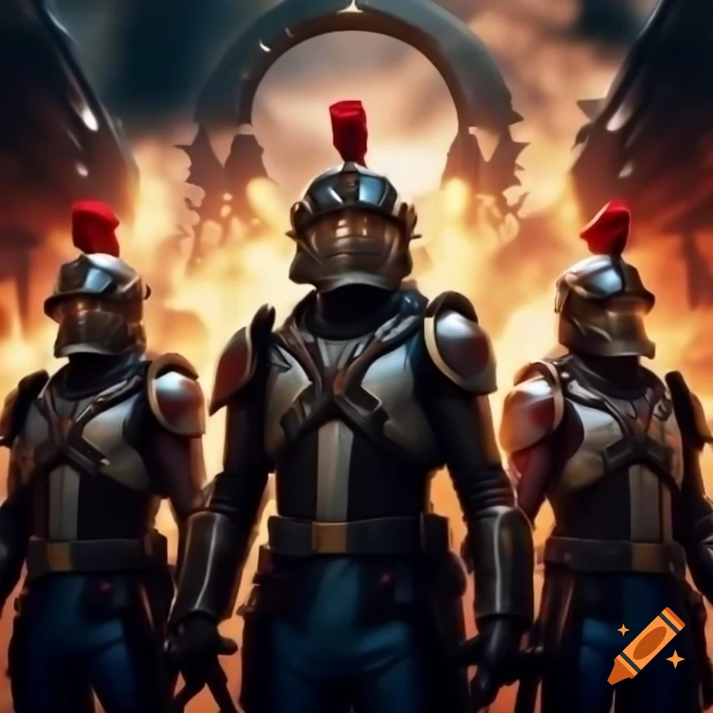 Gallifrey Chancellery Guard in red and white uniforms charging into futuristic citadel
