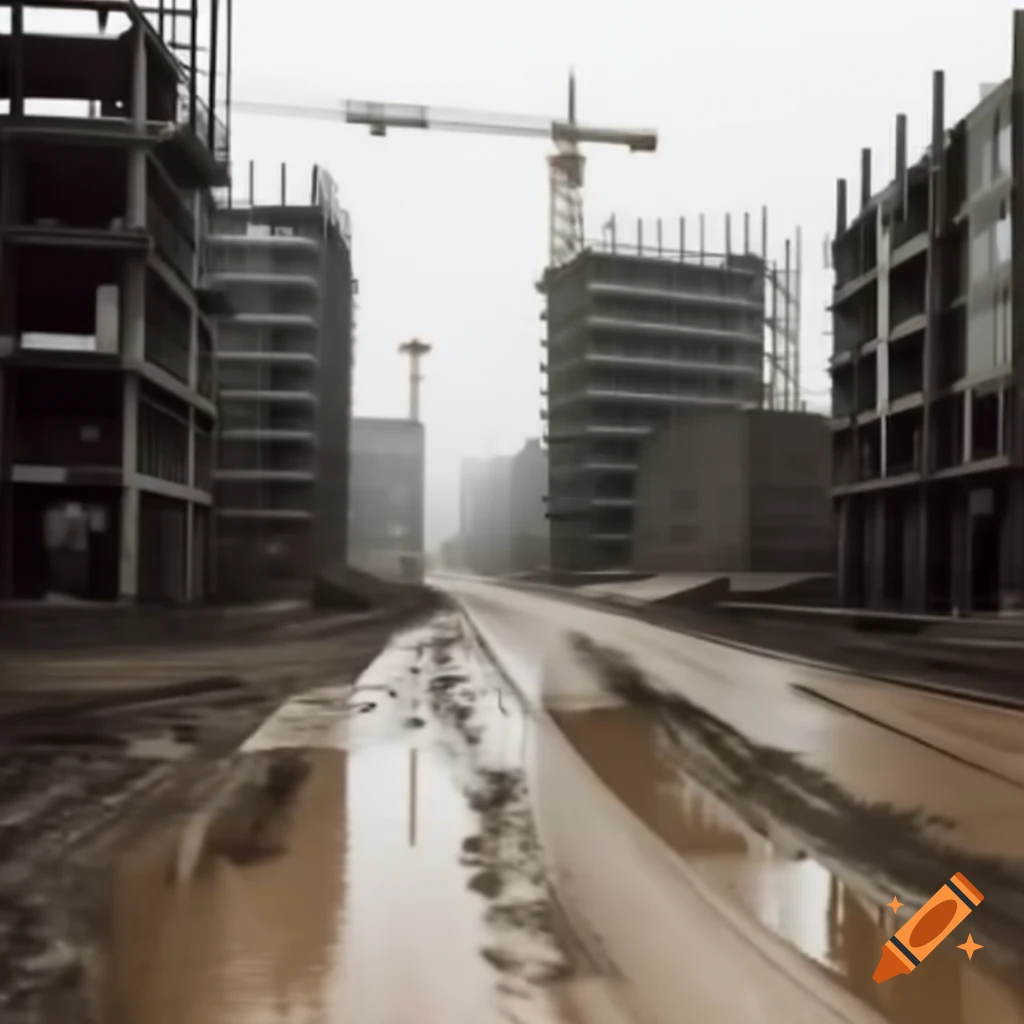 Muddy road with construction buildings in the background