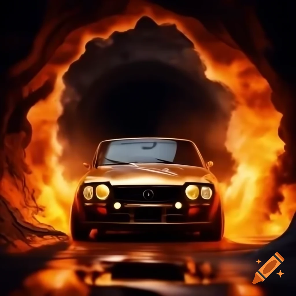 Super Fractal Dream Gold Trimmed Datsun Time Travelling Car speeding through time leaving fire trail