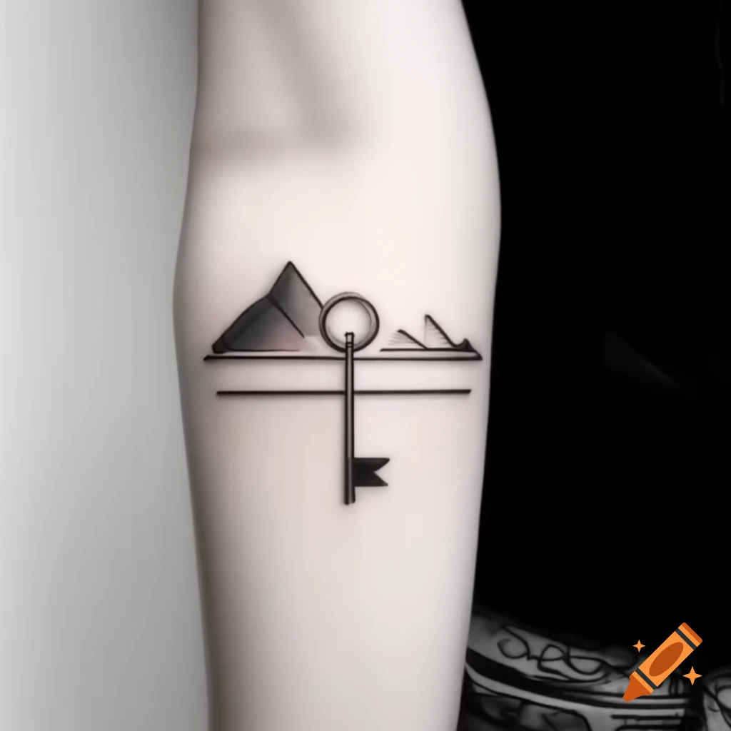 Minimalist tattoo of key with mountain and wave design