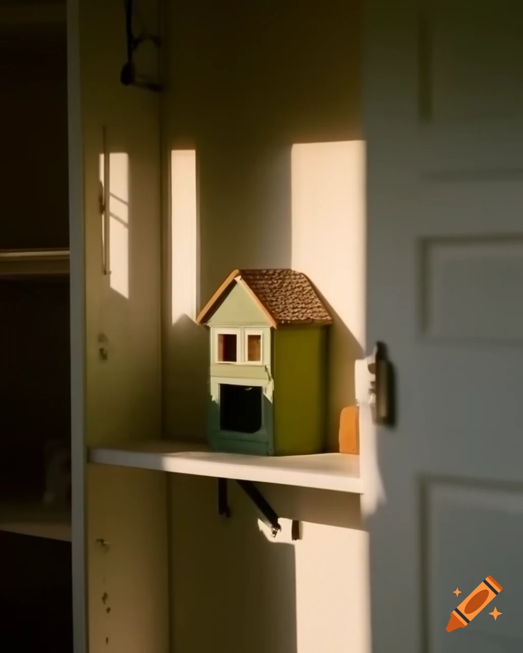 Moss-covered houses on painted shelves in closet with natural light