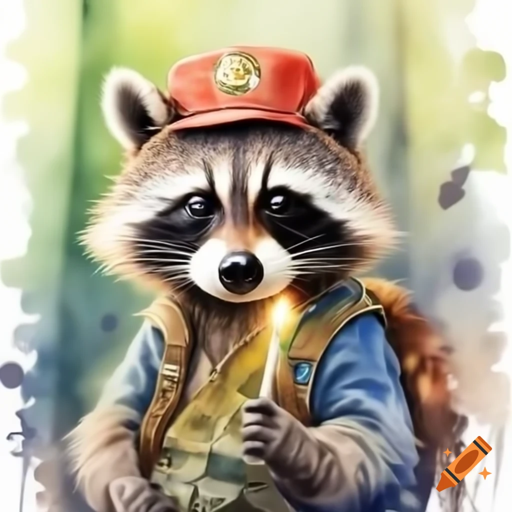 Raccoon with singed ranger hat and lit match in woods, Smokey Bear style