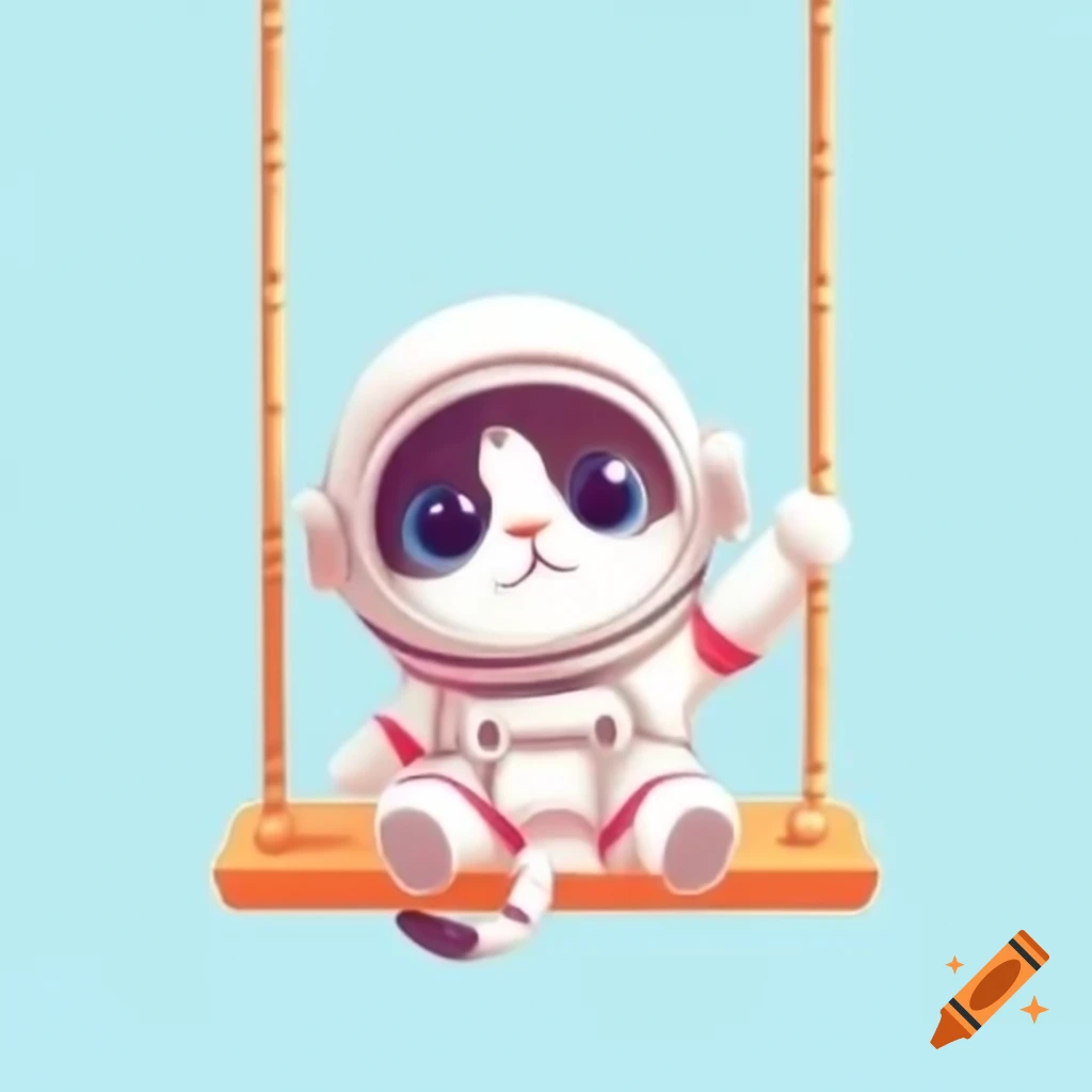 Cute astronaut cat in space suit sitting on wooden swing, whimsical sticker design