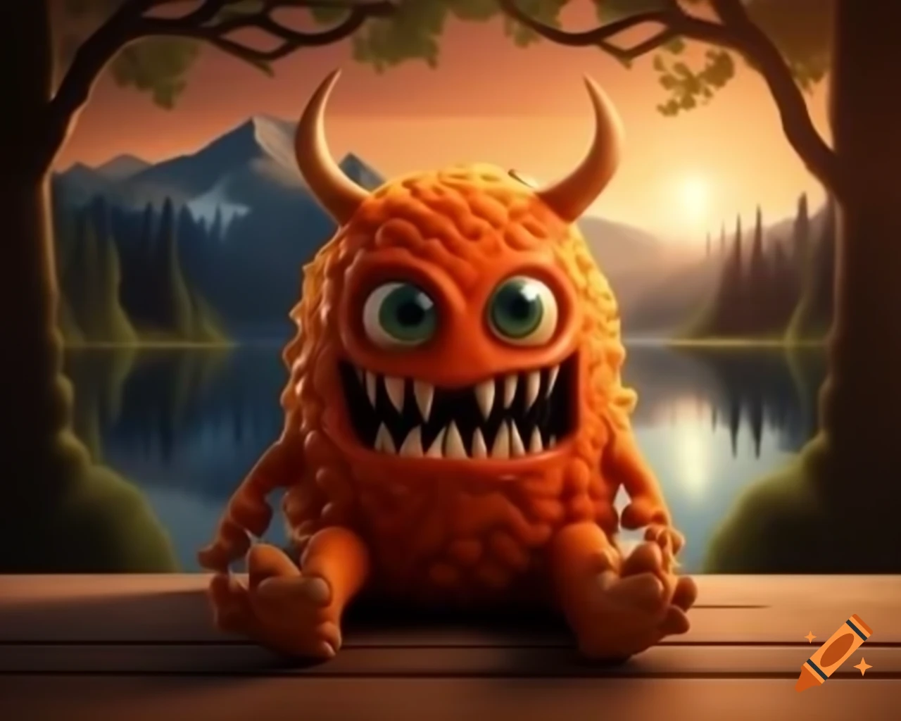 3D orange fruit tree monster with human face on wooden table in forest