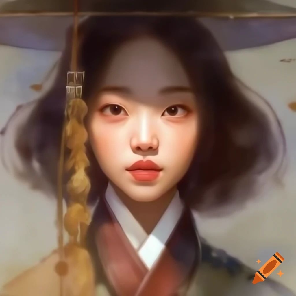 Detailed digital portrait of a charming Korean woman in watercolor style