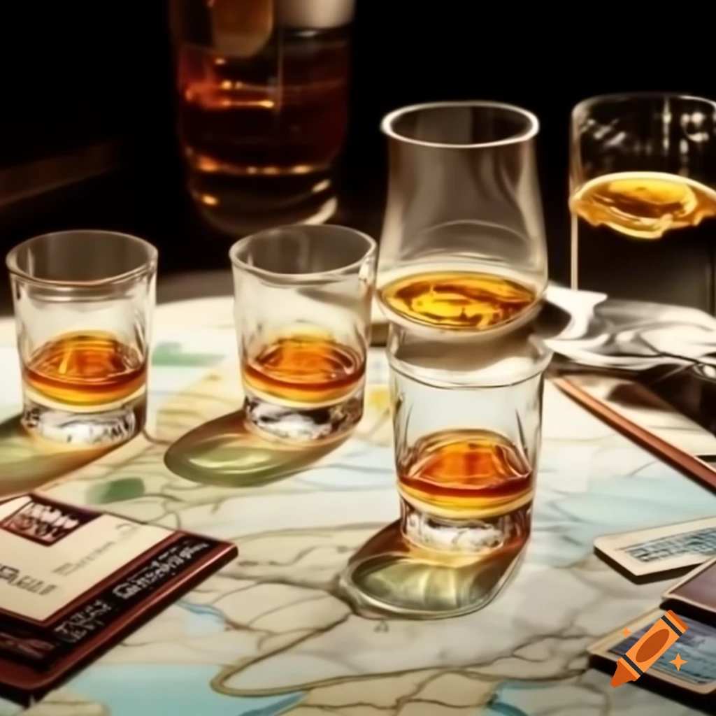 Whisky glasses on world map with passport stamps, showcasing origins