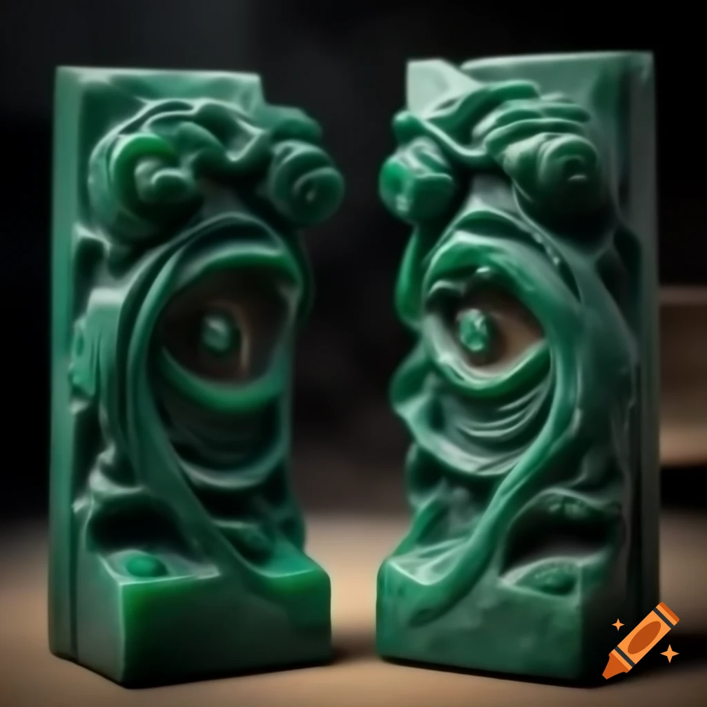 Strange malachite hoodoos in a dead cityscape, intricately carved with fluid shapes
