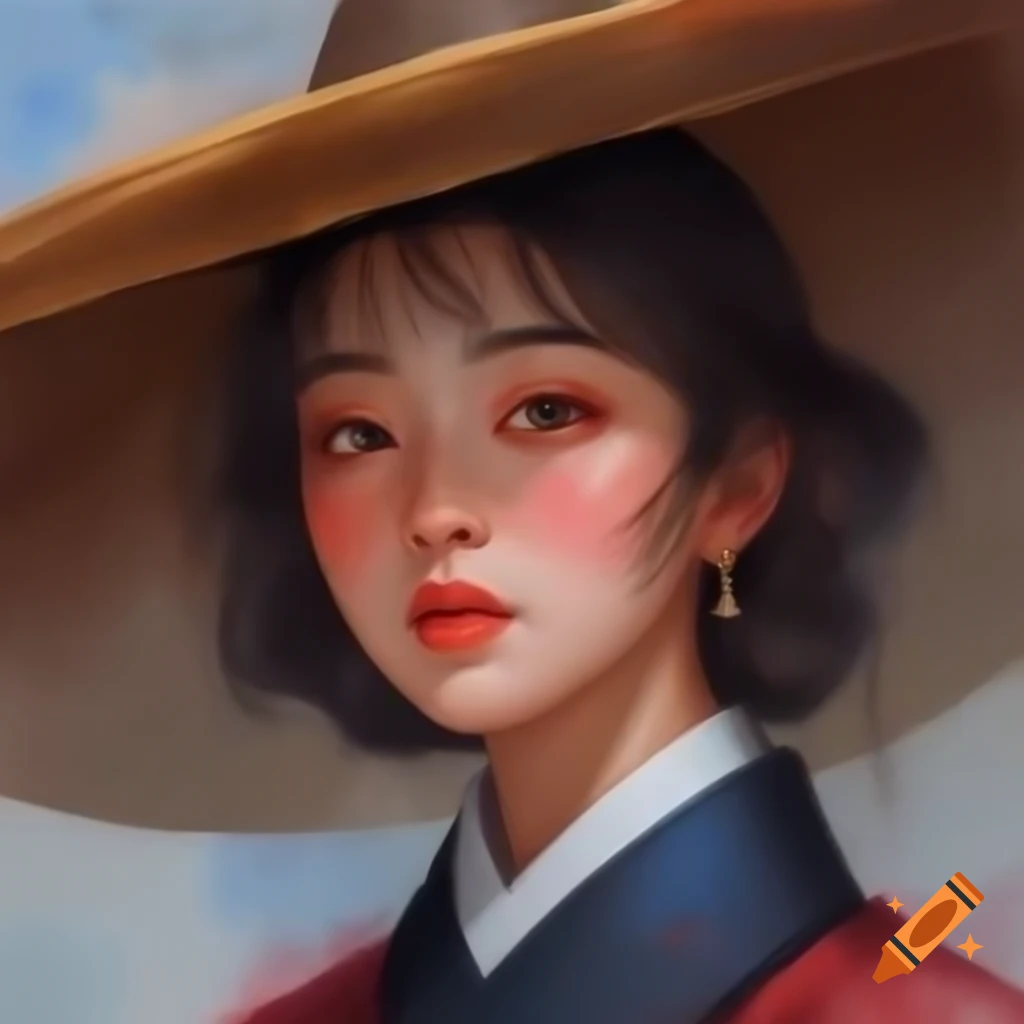 Detailed digital portrait of a charming Korean woman in watercolor style