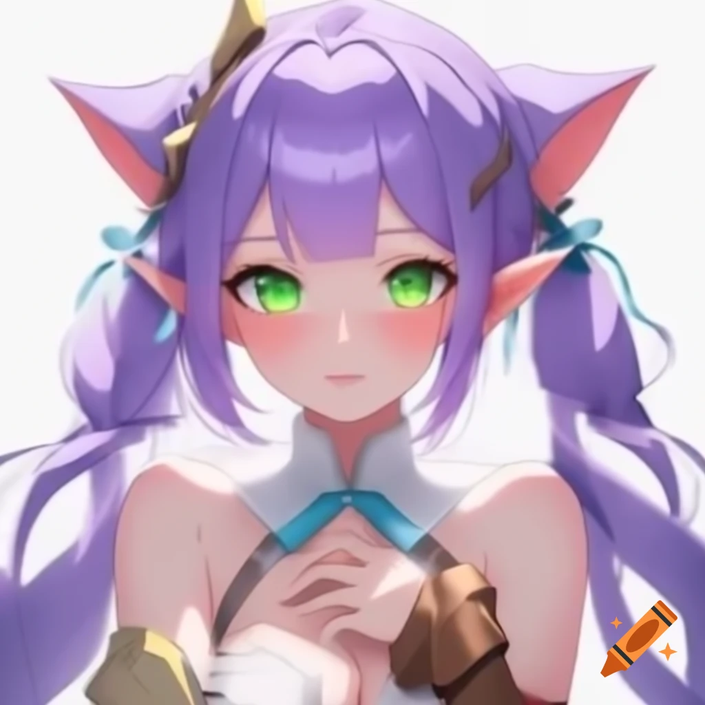 Cute anime elf girl with cat ears, two different colored eyes, and braided purple hair