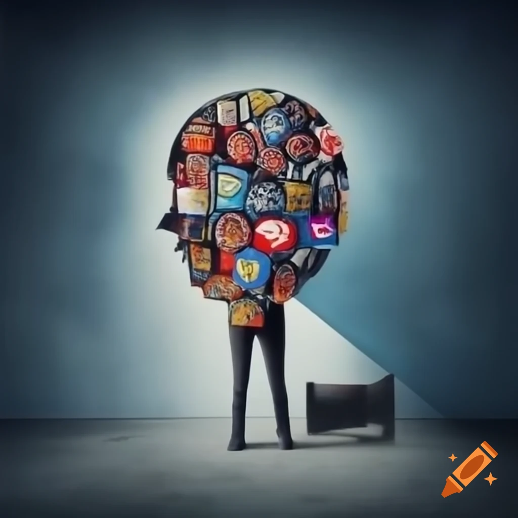 Human figure surrounded by mirrors reflecting different forms of media