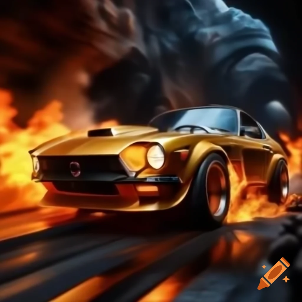Super Fractal Dream Gold Trimmed Datsun Time Travelling Car speeding through time leaving fire trail