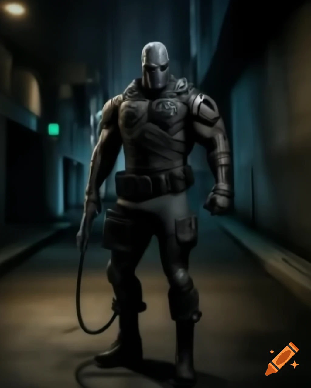 Villain in tactical gear standing in dark alleyway at night