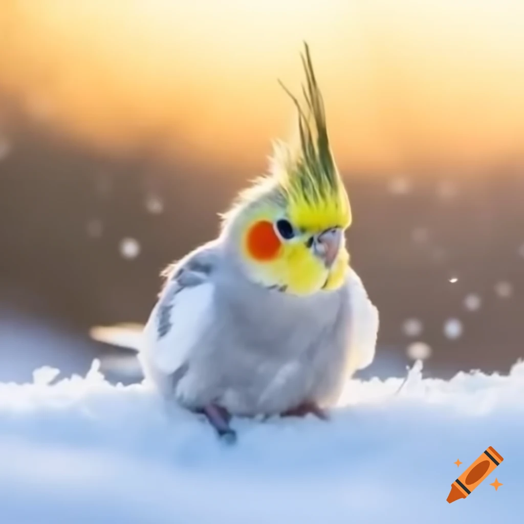 Cockatiel in Christmas hat on snowy ground during sunset