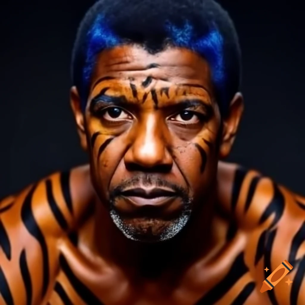 Muscular figure resembling Denzel Washington with tiger-style makeup featuring blue hair and orange skin