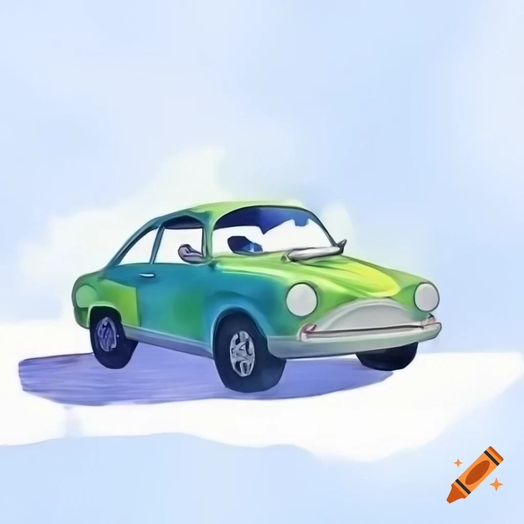 Cartoony car illustration on white background in watercolor style