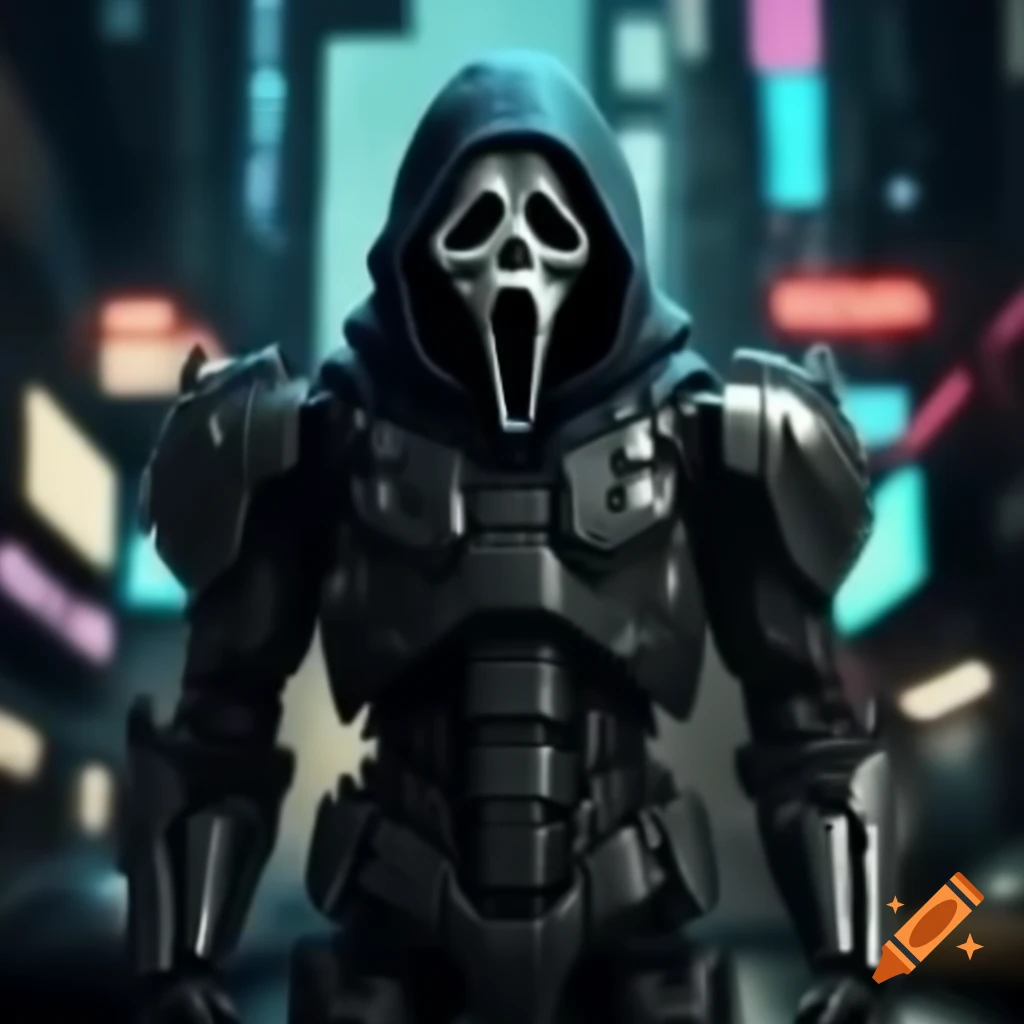 GhostFace robot armor in futuristic Cyberpunk city