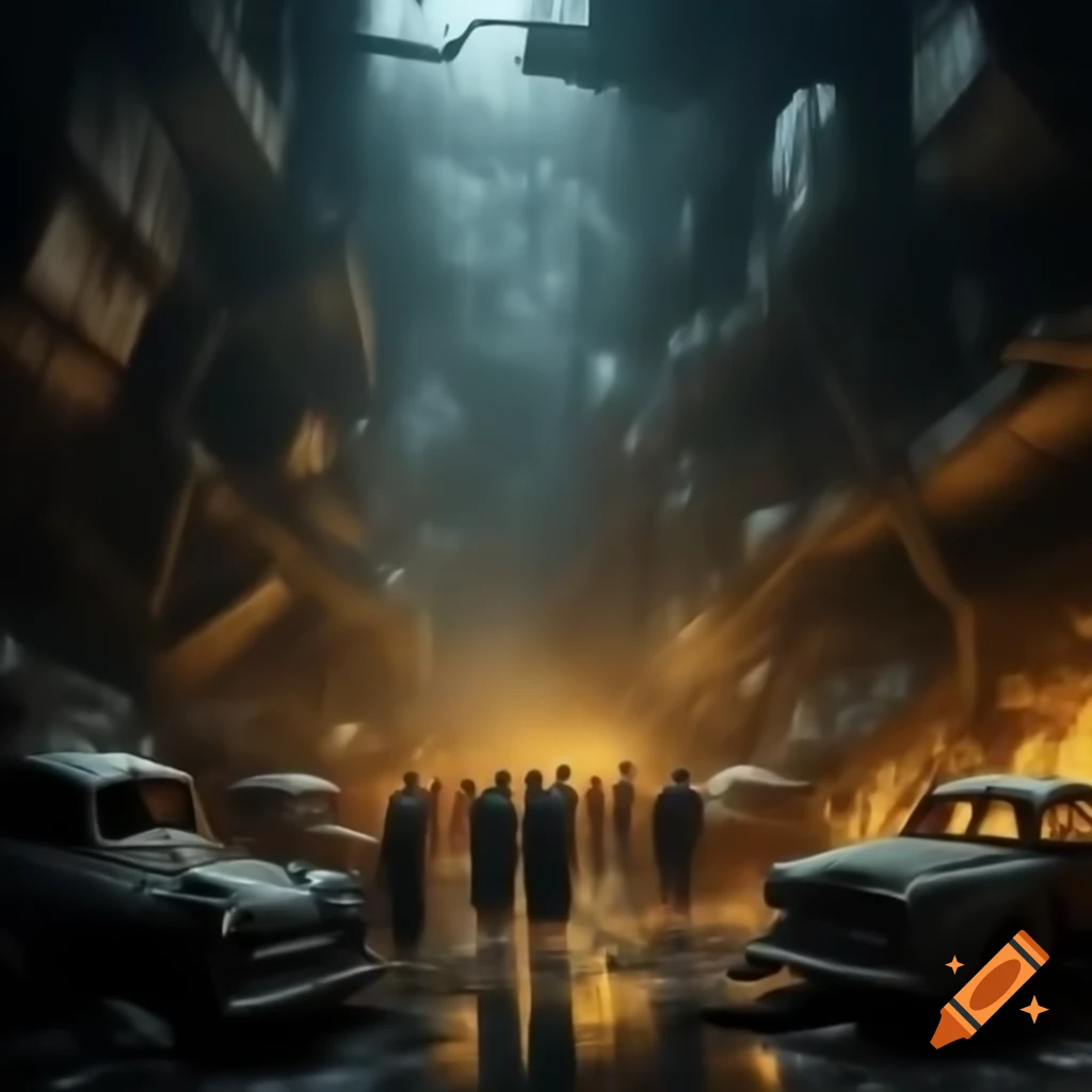 Ethereal apparitions in a haunted junkyard under a dark night sky