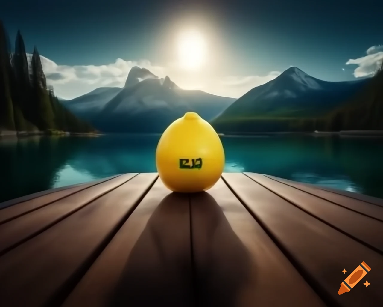 Surreal sculpture of Lemon Monster with human face in a forest setting