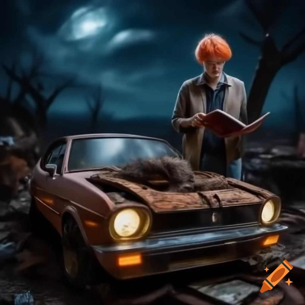 Robin Hamilton Maule fixing a 1970s yellow vehicle in a haunted junkyard at night