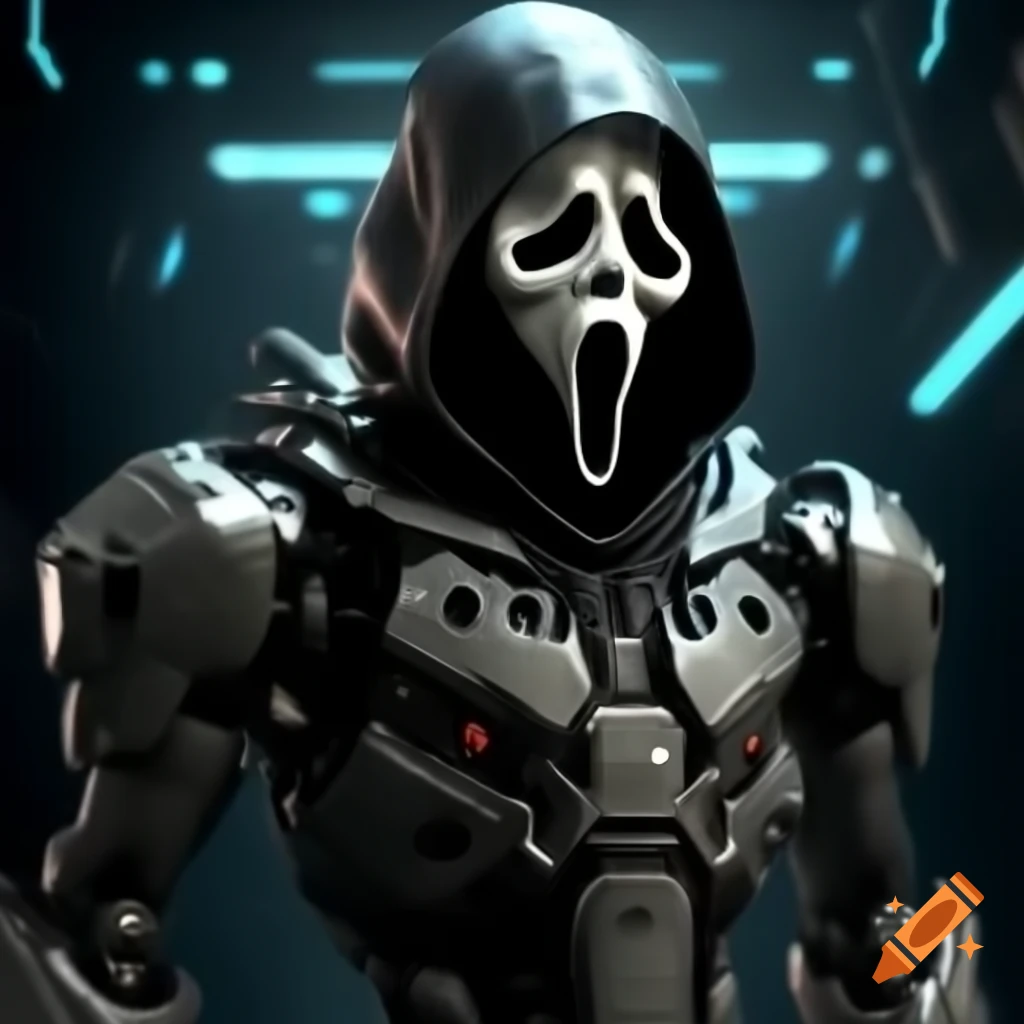 GhostFace robot armor designed in cyberpunk style