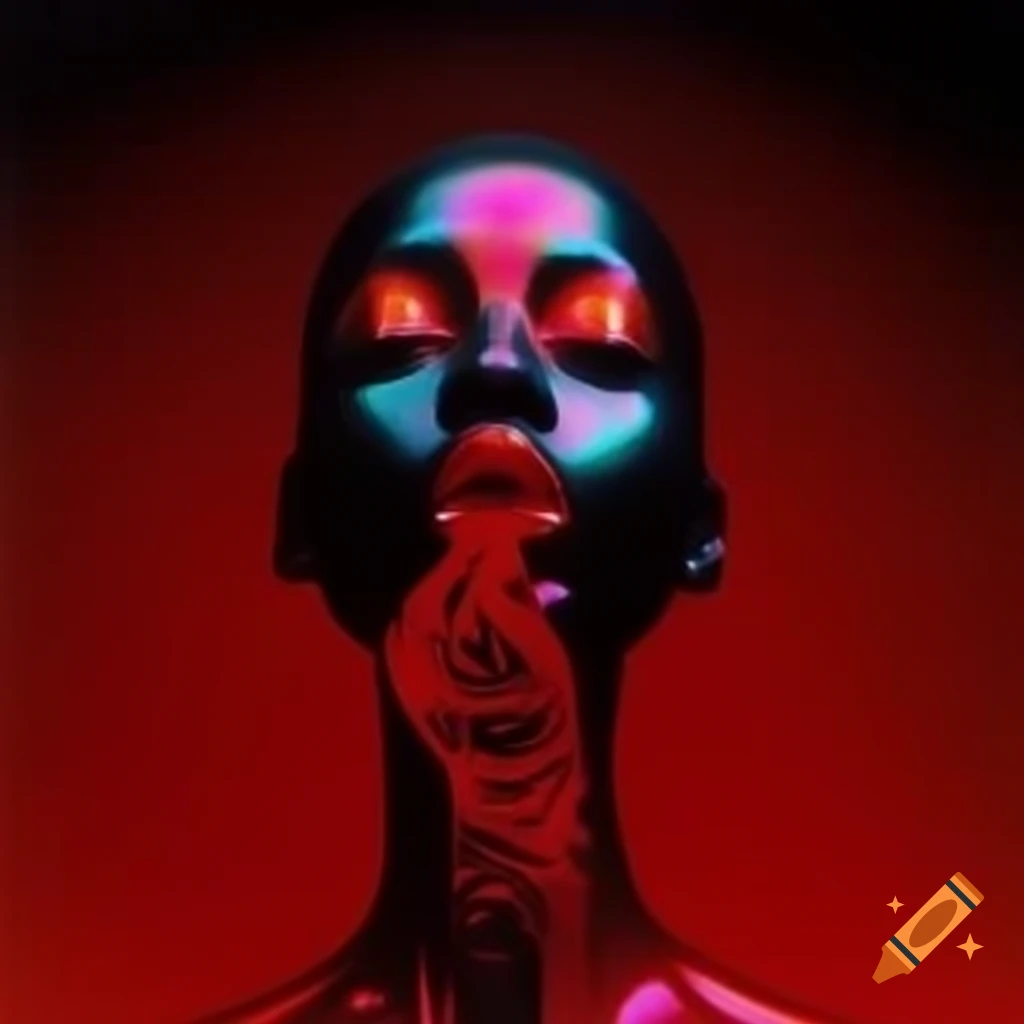 Pop surrealism photography featuring iridescent red glass statue
