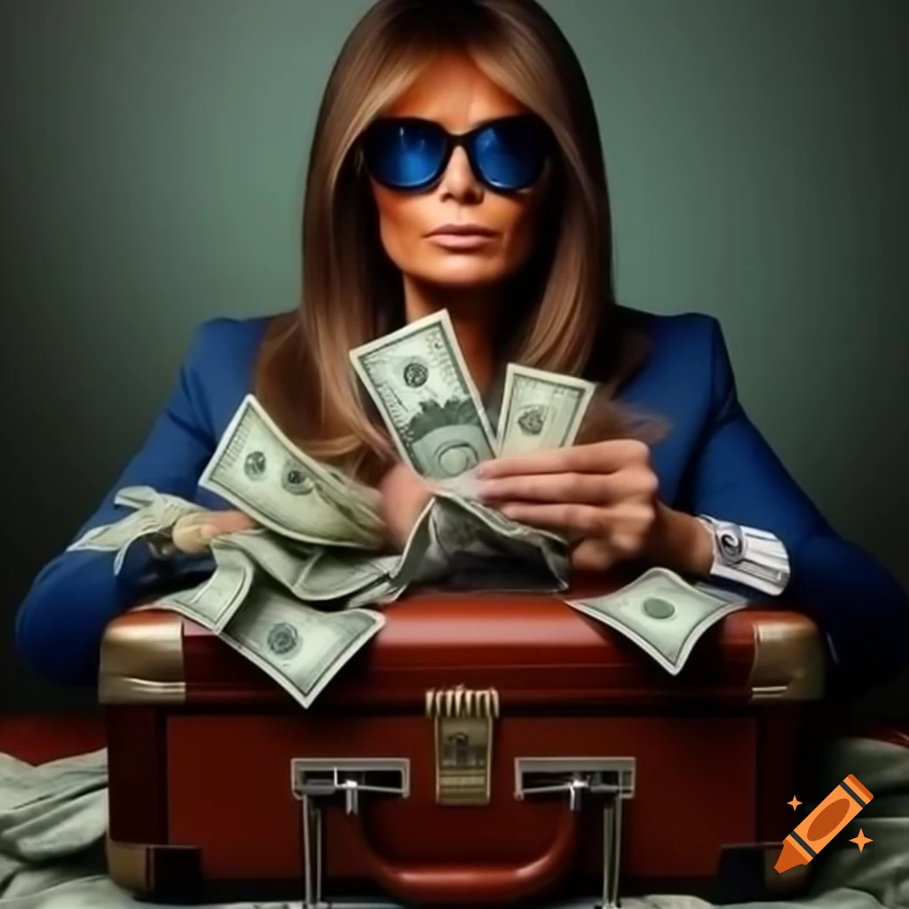 Realistic portrait of Melania Trump packing suitcase with clothes and cash