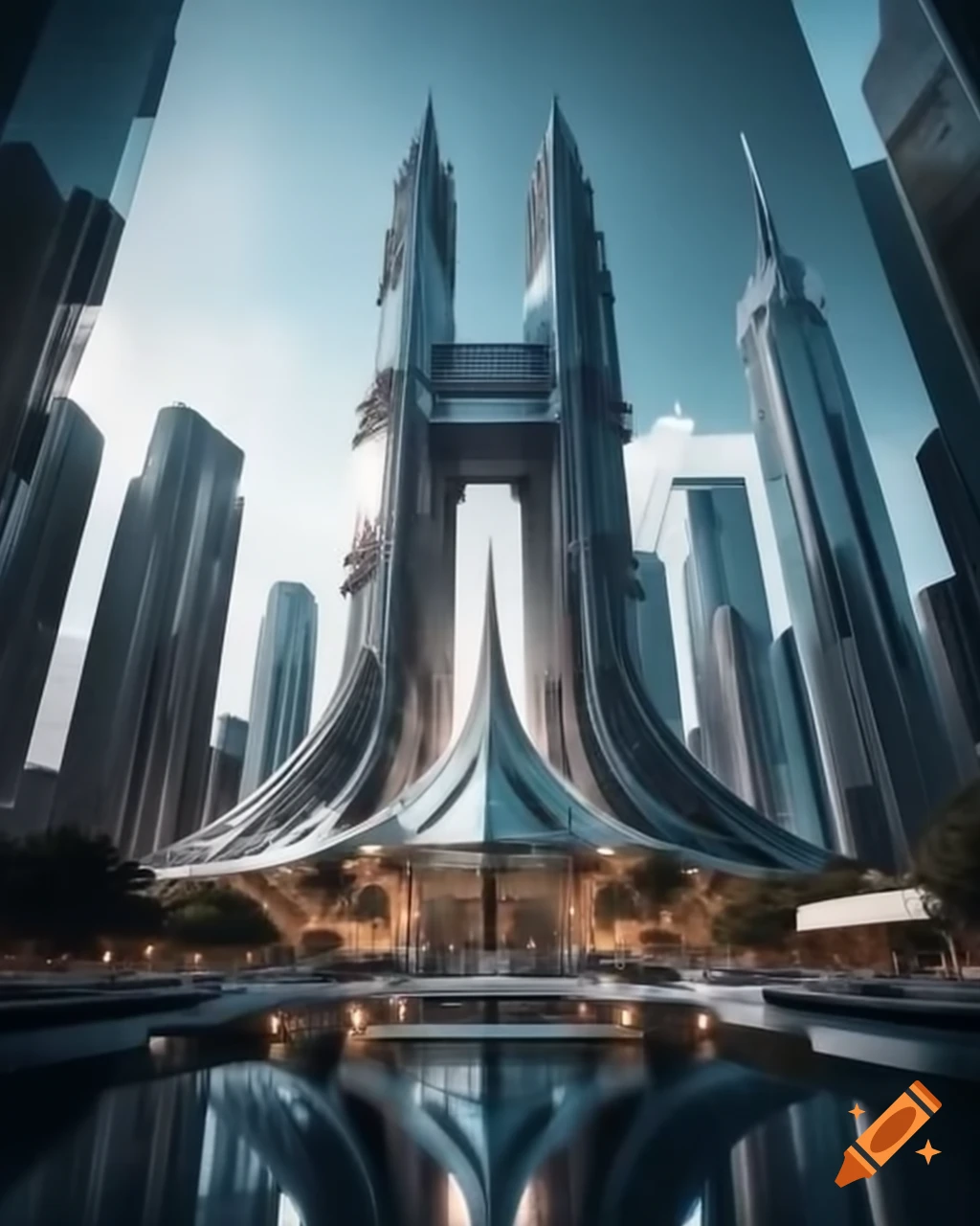 Futuristic cityscape with a gravity-defying glass and chrome palace