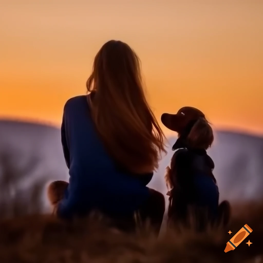 Woman with long hair and King Charles spaniel watching sunset together