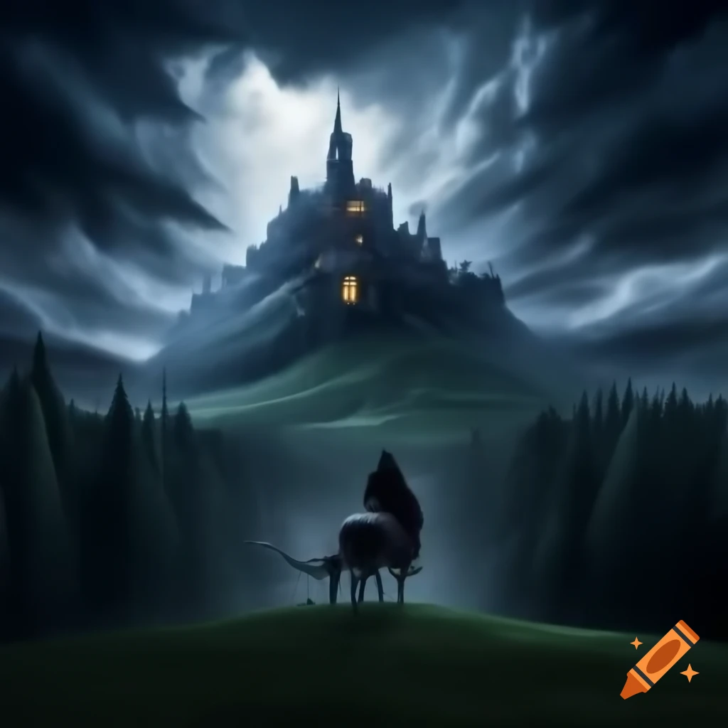 Hooded man on horse emerging from forest with stormy castle hill backdrop
