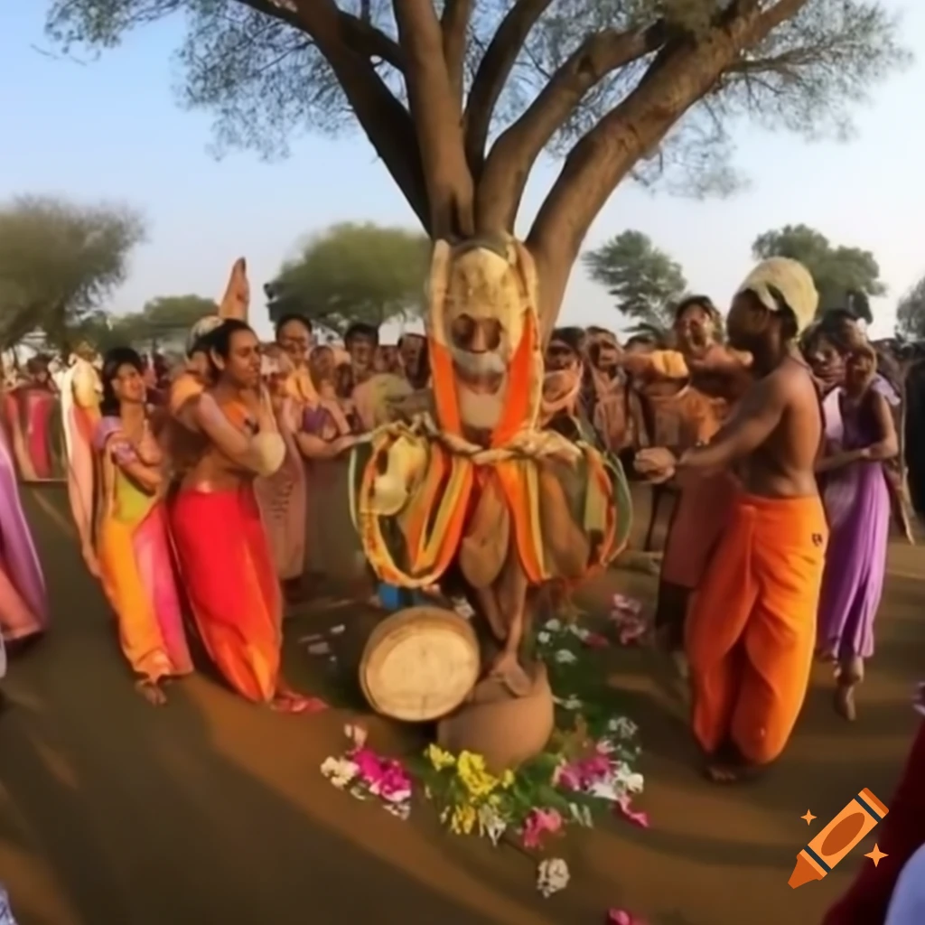 Vibrant Karma Pooja festival in Jharkhand with tribal men and women performing rituals around sacred tree