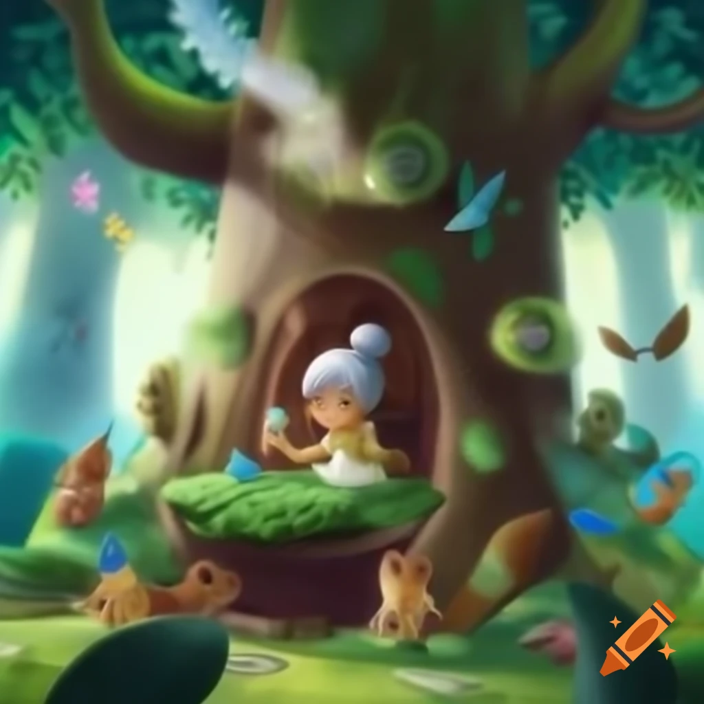 Giant magical tree with white-haired fairy, playful birds, and squirrels enjoying tea