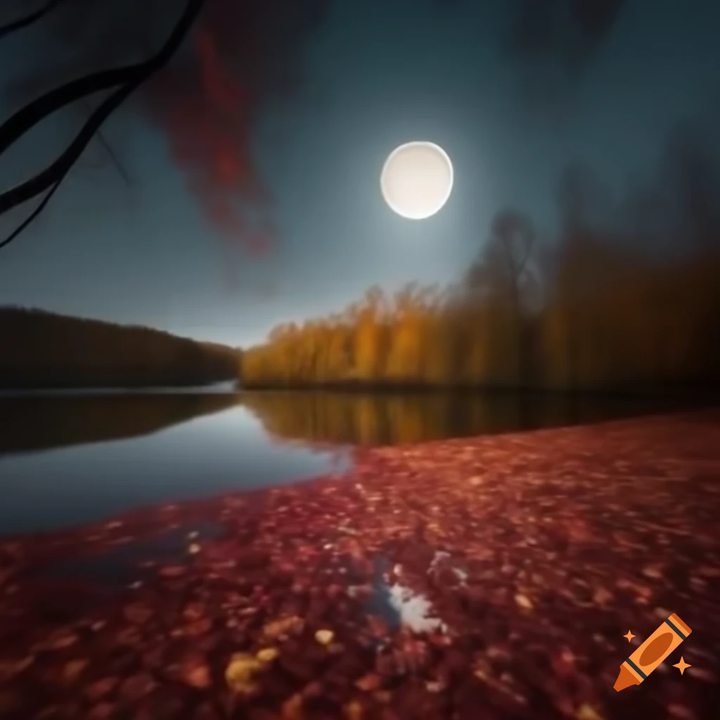 Autumn trees with red and yellow leaves and full moon reflecting on lake