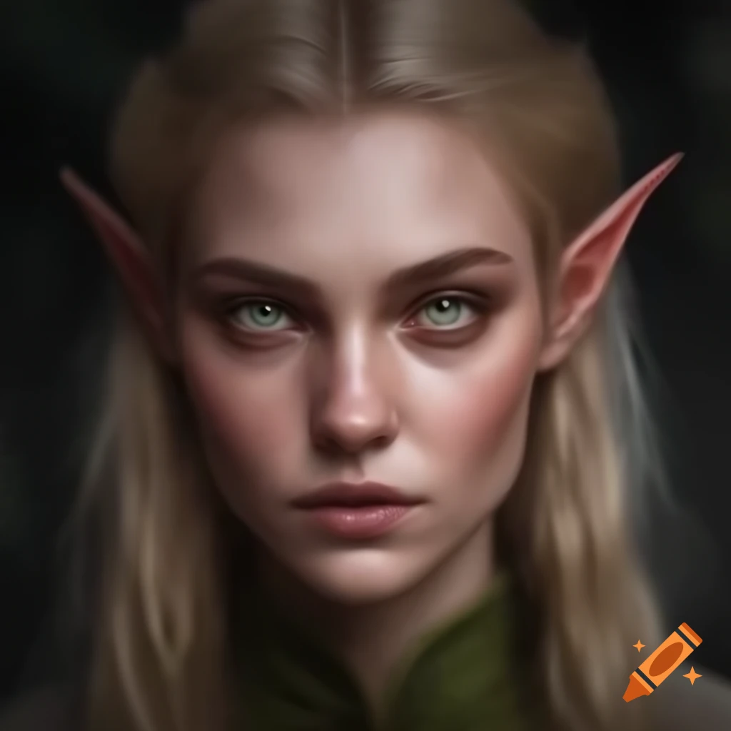 High elf female bard with brown hair and blue eyes in red and black