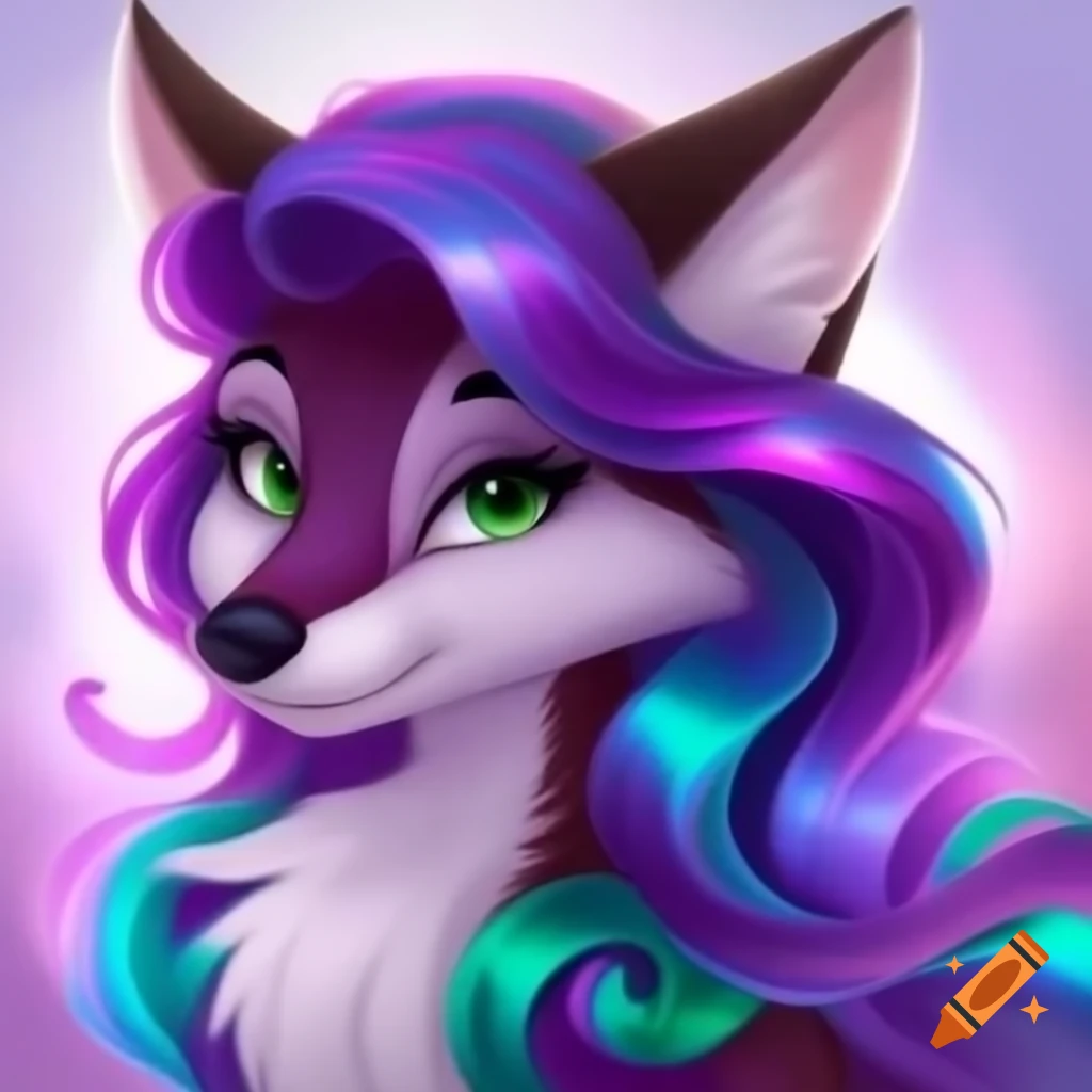 Charming Disney-style fox with iridescent purple and emerald-haired features