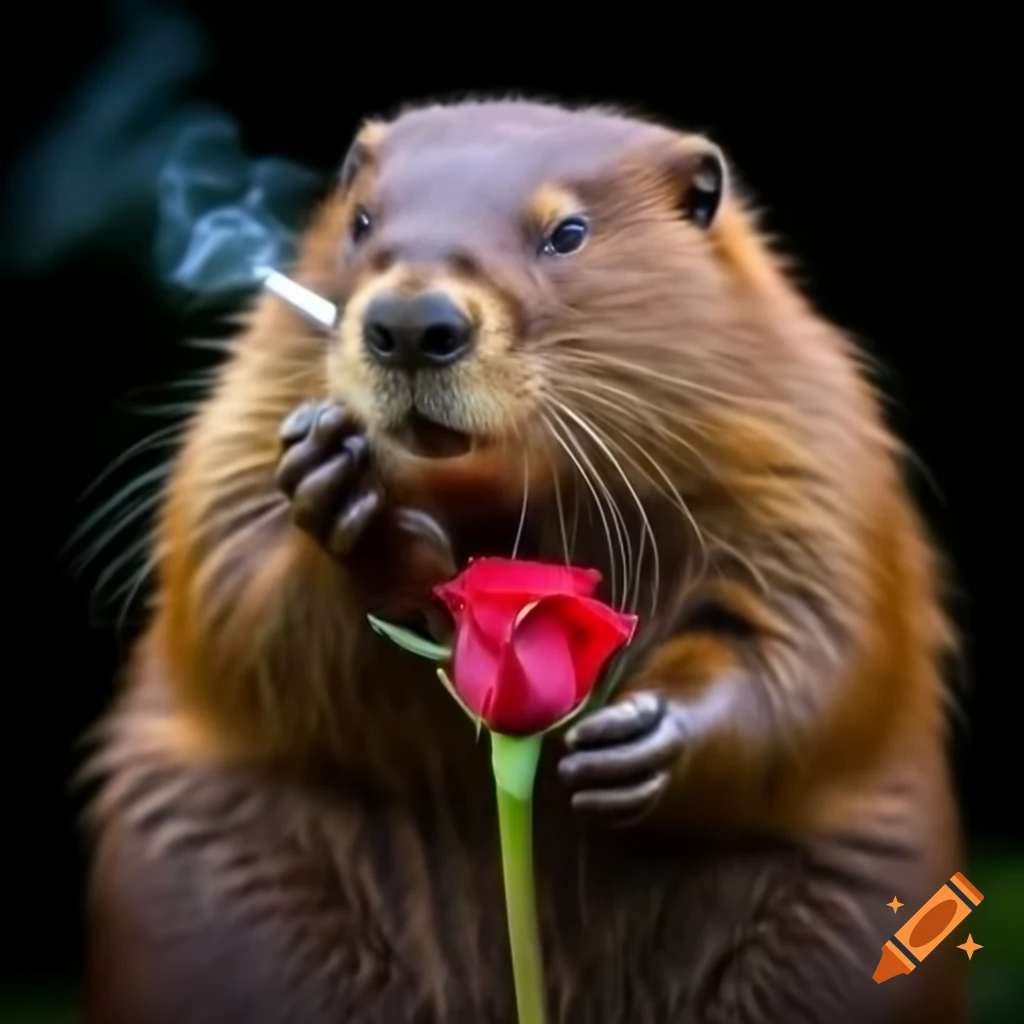 Beaver holding a rose and smoking a cigarette