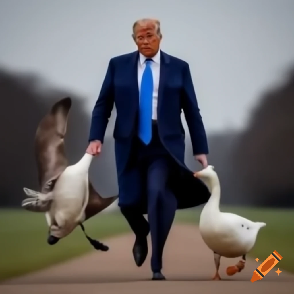 Humorous scene of a person holding a cat and a goose while being chased