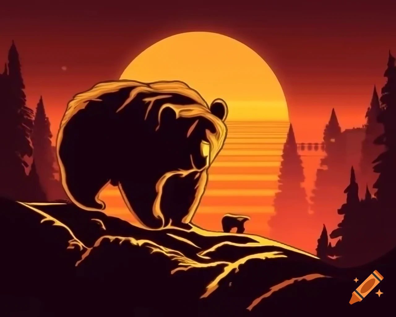 Majestic bear emerging from mountain lair at sunrise
